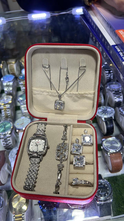 Luxury Crystal Jewelry Set for Women | Necklace, Bracelet, Rings & Watch