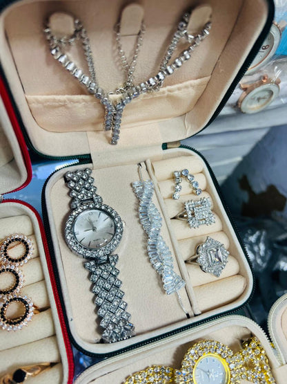 Luxury Crystal Jewelry Set for Women | Necklace, Bracelet, Rings & Watch