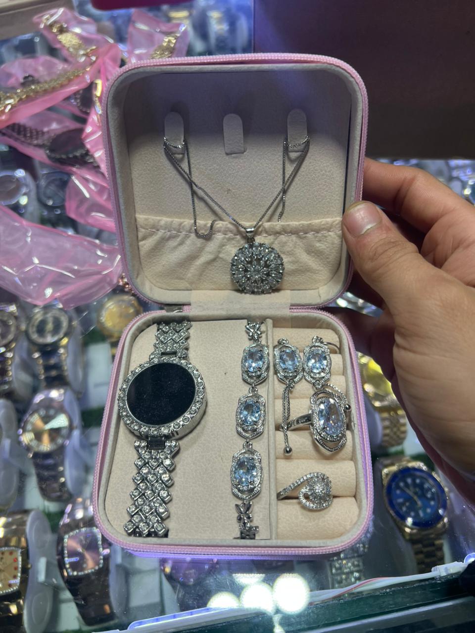 Luxury Crystal Jewelry Set for Women | Necklace, Bracelet, Rings & Watch